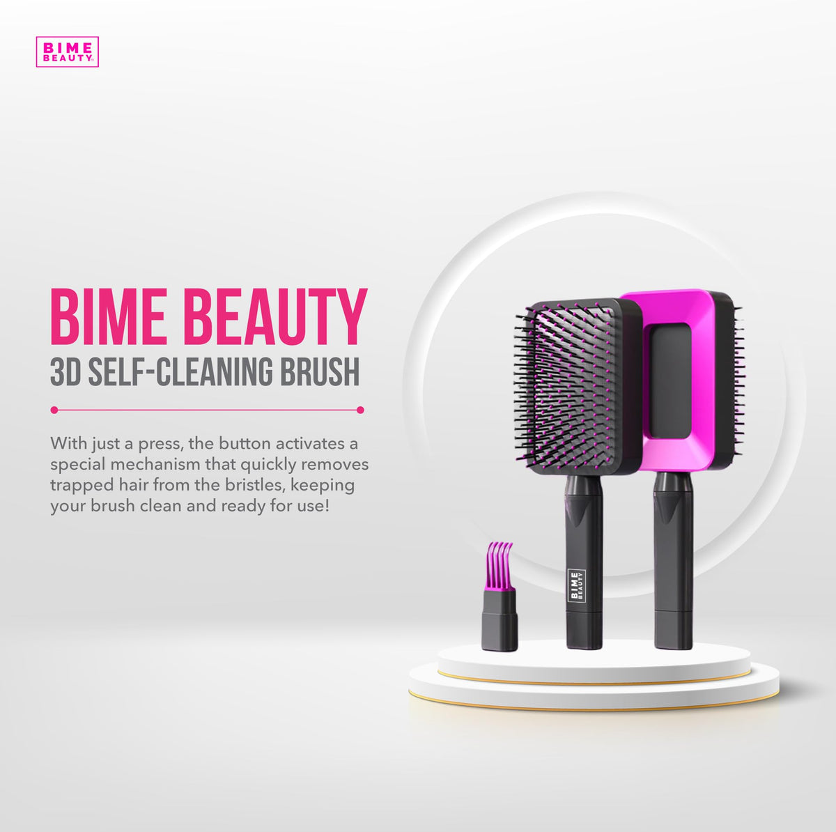 Bime Beauty 3D Self Cleaning Deluxe Rectangular Brush | Self Cleaning Hair Brush for Women | Detangling Hair Comb for All Hair Types (Rose Red)