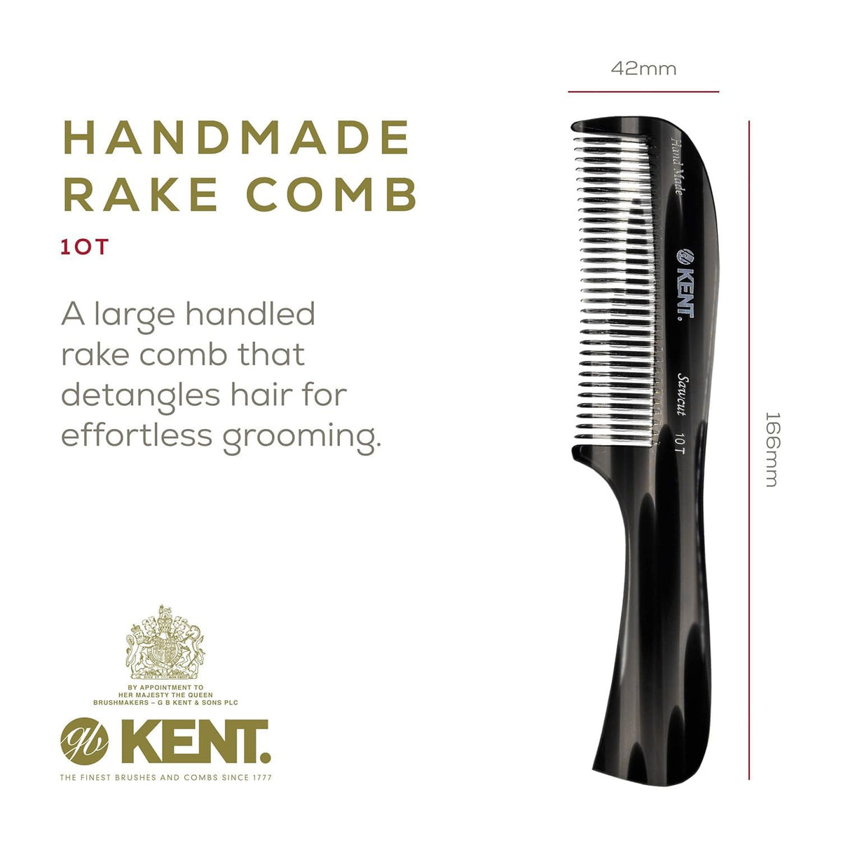 Kent 10T Black Graphite Large Detangler Comb, Wide Tooth Comb for Wet and Dry Curly Hair, Rake Combs for Women With Thick Hair, Saw-Cut and Hand