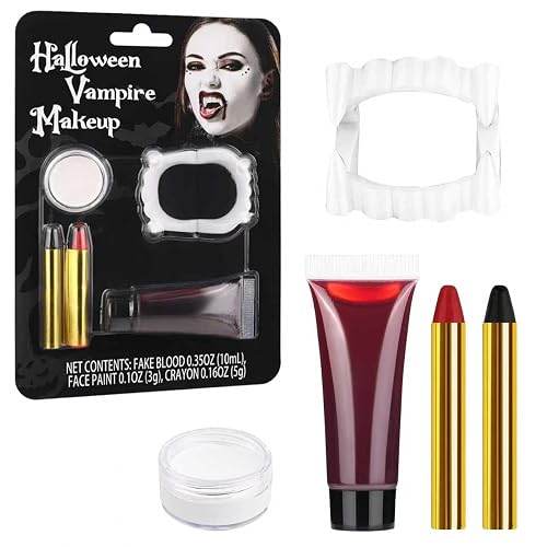 Halloween Vampire Makeup Kit, SFX Makeup Set with White Face & Body Paint, Fake Blood, Face Paint Crayons & Fake Teeth for Vampire, Zombie, Clown Beauty & Personal Care Js2U ZW
