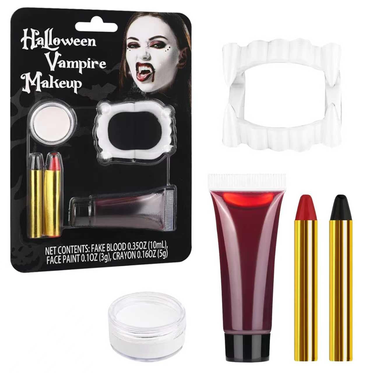 Halloween Vampire Makeup Kit, SFX Makeup Set with White Face & Body Paint, Fake Blood, Face Paint Crayons & Fake Teeth for Vampire, Zombie, Clown Beauty & Personal Care Js2U ZW