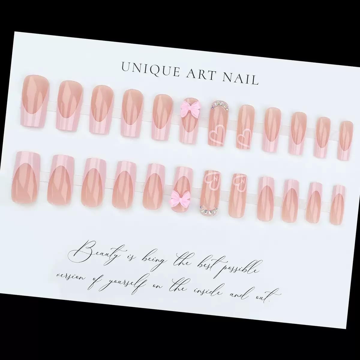 CTTHNBD Medium Press on Nails Coffin - Pink French Tip Fake Nails, Heart, Rhinestone Beauty and Personal Care CTTHNBD