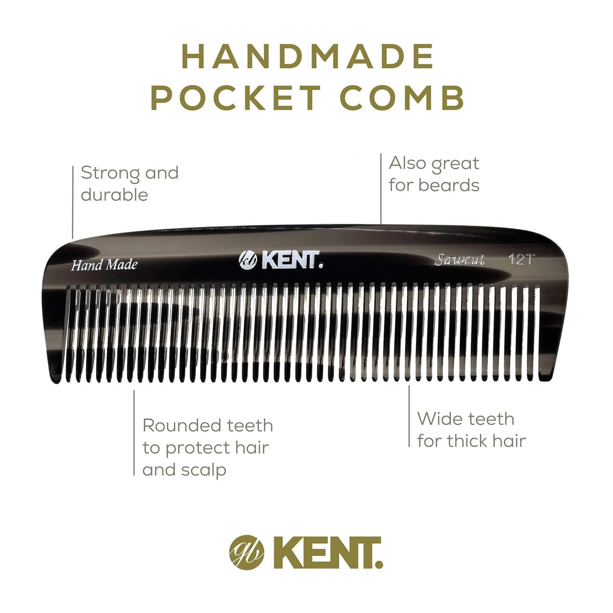 Kent 12T Black Graphite Pocket Comb - Handmade Wide Tooth Hair Comb for Men, Women, and Kids - Travel, Beard, and Mustache Comb - Saw Cut and Hand
