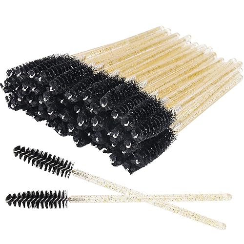 300 Pack Glitter Mascara Wands Disposable EyeLash Spoolie Brushes Makeup Applicator Eyelash Extension Tool Kit, Crystal Gold Handle Black Brush Head Beauty & Personal Care Mekupeu