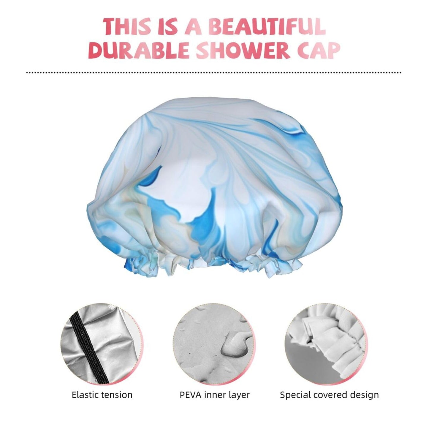 blue and white Shower Cap for Women Men Large Reusable Shower Bonnet Double-Layer Waterproof Bath Caps Elastic Band Hair Hat for All Hairstyles Beauty and Personal Care BWLHJKE