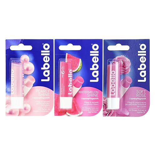 Labello Pearly Shine, Labello Watermelon Shine, Labello Soft Rose Lip Balm Bundle Beauty & Personal Care Labello