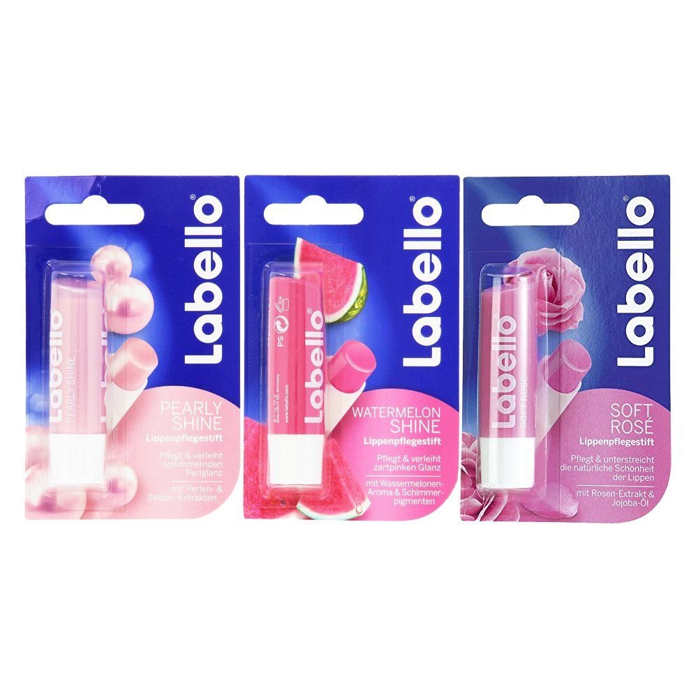 Labello Pearly Shine, Labello Watermelon Shine, Labello Soft Rose Lip Balm Bundle Beauty & Personal Care Labello