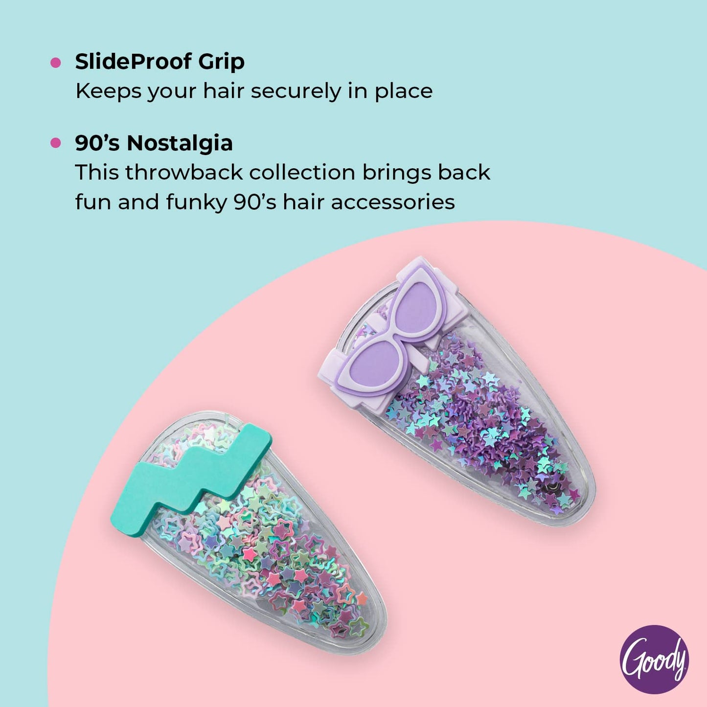 Goody Kids Slideproof Hair Snap Clips - 2 Count, Nostalgia Glitter - Just Snap Into Place - Hinge Clips Suitable for All Hair Types - Pain-Free Hair Beauty & Personal Care GOODY