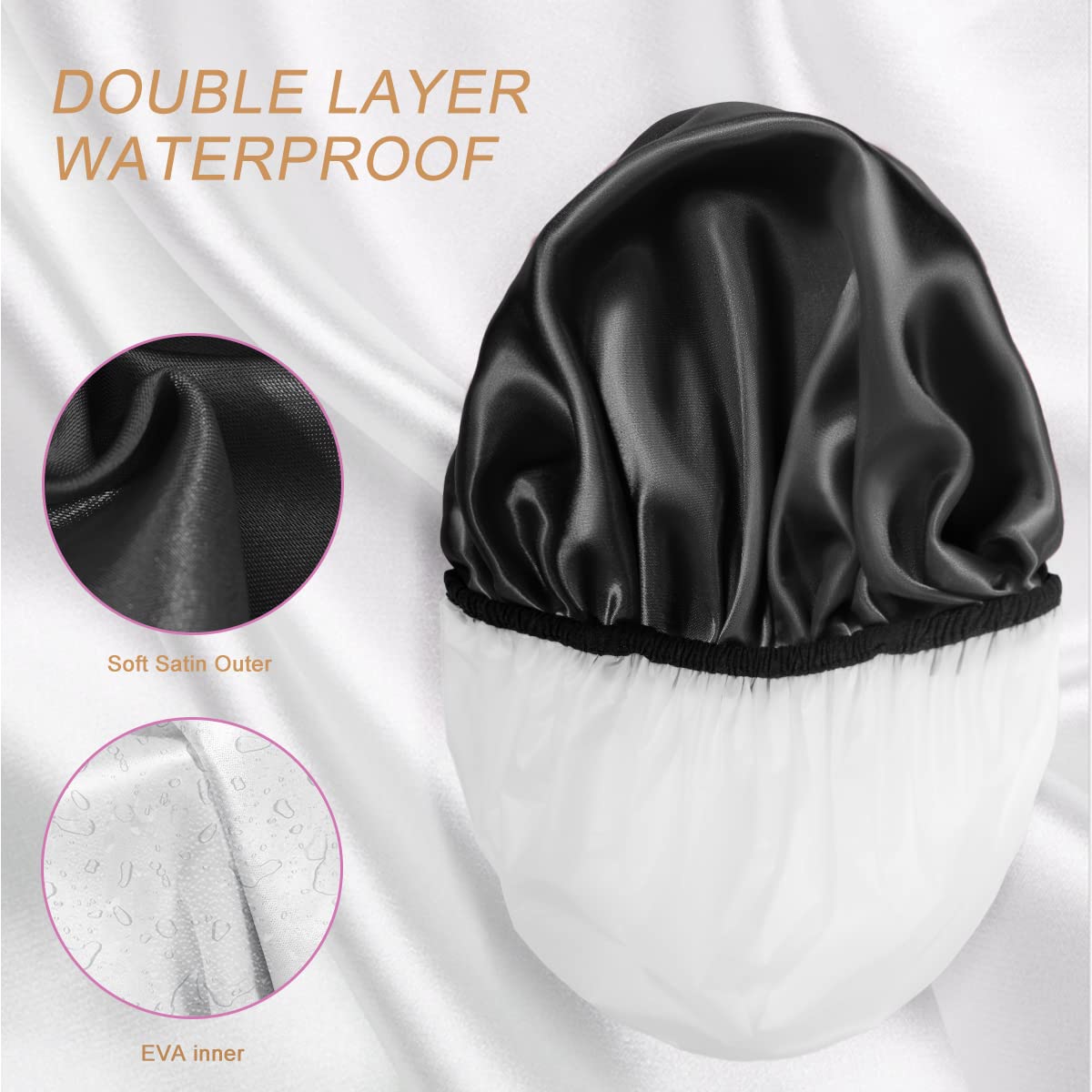 Aquior Shower Cap, Extra Large Shower Cap for Men, Satin EVA Double Layer Waterproof Reusable Hair Cap for Women Long Hair(All Black 4 Pack) Beauty & Personal Care Aquior