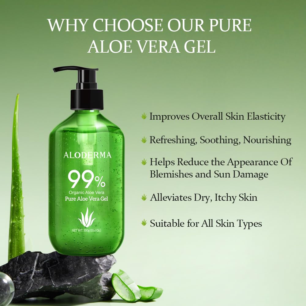 Aloderma 99% Organic Aloe Vera Gel Made within 12 Hours of Harvest - Lightweight, Non-Sticky Aloe Gel for Face Body, Hair, & Scalp, After Sun Relief Beauty & Personal Care Aloderma