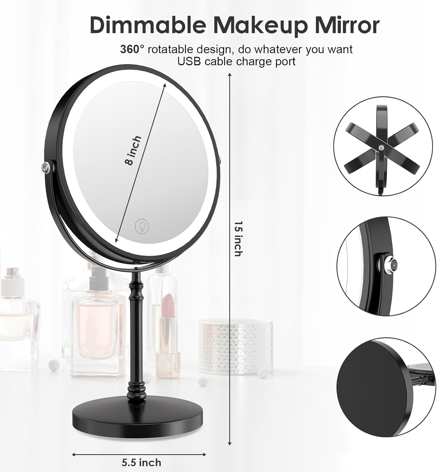 DEIOVWXS Makeup Mirror, Rechargeable Vanity Mirror with 3 Lights, 1X/10X Beauty and Personal Care DEIOVWXS