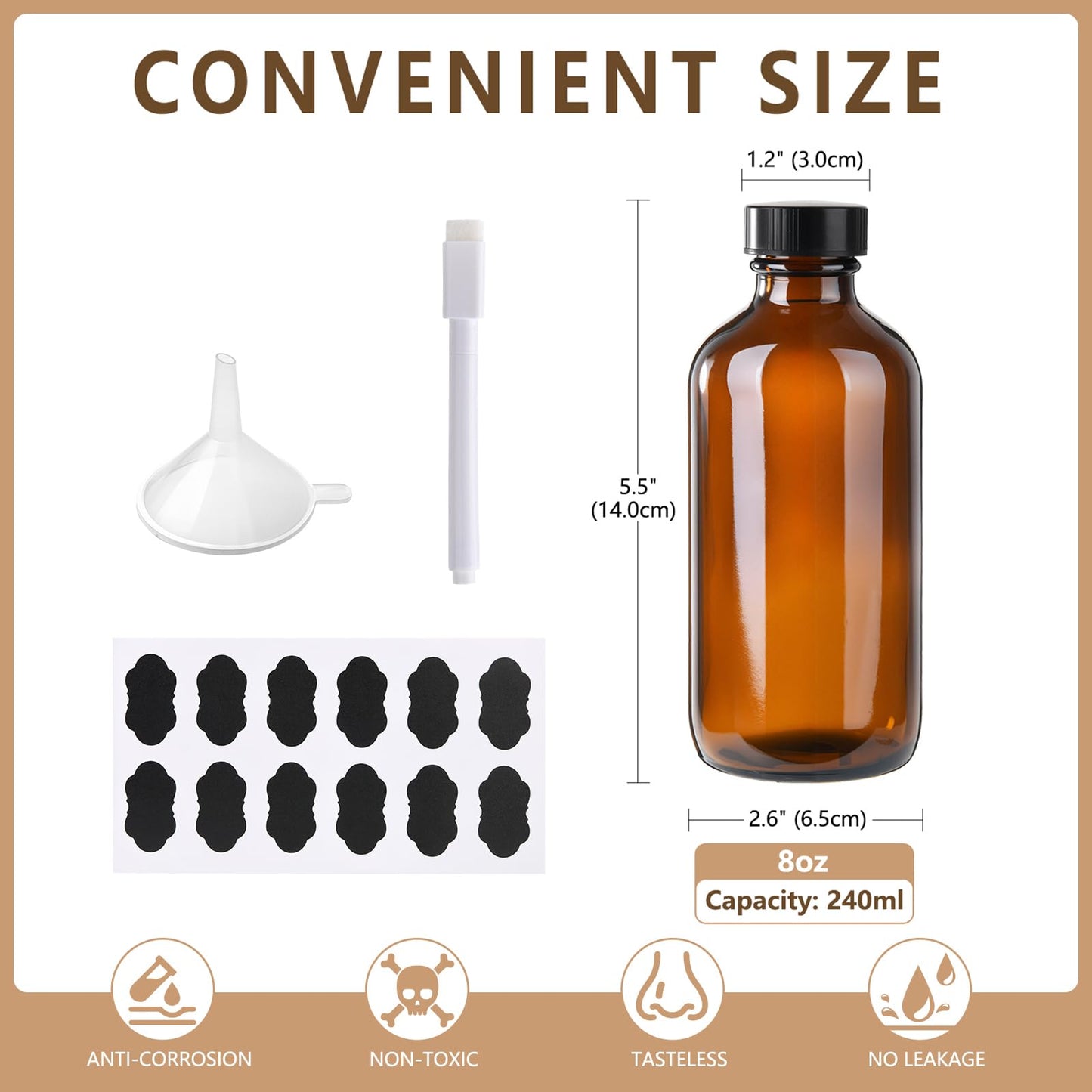 BPFY 12 Pack 8 oz Amber Glass Boston Bottle With Black Poly Cap, Funnel, Chalk Labels, Pen, Dispensing Bottles for Homemade Vanilla Extract, Essential Beauty & Personal Care BPFY