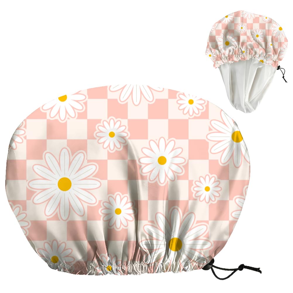 DELORIGIN Pink Daisy Reusable Shower Cap Buffalo Check Double Layer Waterproof Shower Caps Large Elastic Hair Cover Adjustable Hair - Drying Caps Beauty and Personal Care DELORIGIN