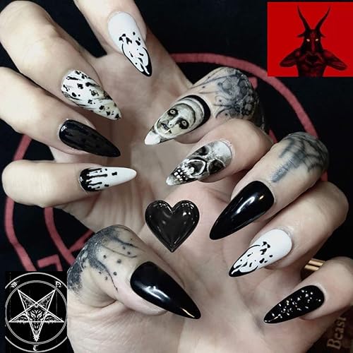 BABALAL 24Pcs Medium Stiletto Fake Nails Black Skull False Nails Punk Full Cover Artificial Halloween Press on Nails Almond Acrylic Nails for Women Beauty & Personal Care BABALAL