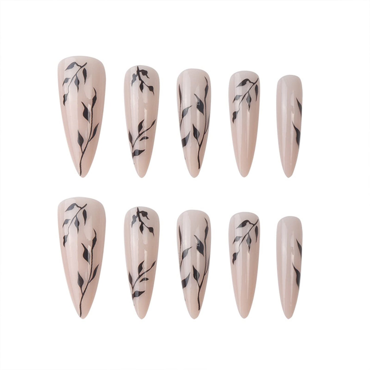 SINHOT Stiletto Press on Nails Extra Long Fake Nails with Glue Glossy False Nails with Black Leaves Designs Full Cover Almond Acrylic Nail 24pcs Beauty & Personal Care SINHOT