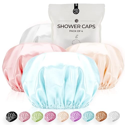 Shower Cap for Women Reusable Extra Large Shower Caps for Men Satin Double Layer EVA Waterproof Long Hair Caps(Light Grey, Light Gold, Peach Pink Beauty & Personal Care WhaleLife