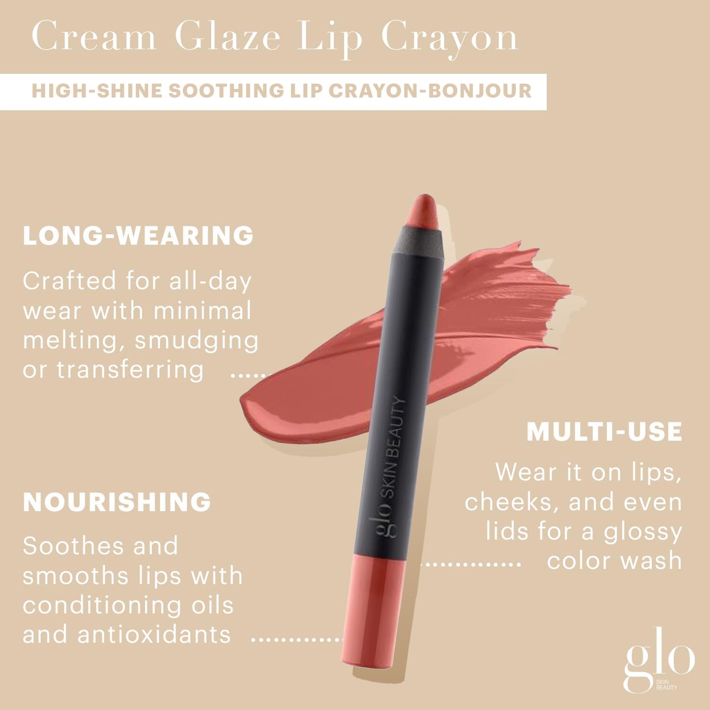 Glo Skin Beauty Cream Glaze Lip Crayon | New Neutral Shades, Deep Neutral Rose (Bonjour) Beauty & Personal Care Glo Skin Beauty