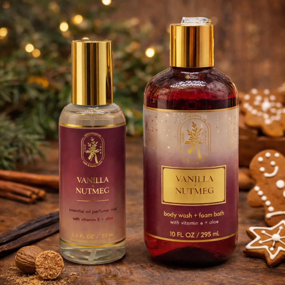 Bath & Body Works Aromatherapy Vanilla Nutmeg Essential Oil Mist and Body Wash & Foam Bath 2-piece Gift Set with a 30-inch Gold Metallic Ribbon Beauty and Personal Care Bath & Body Works