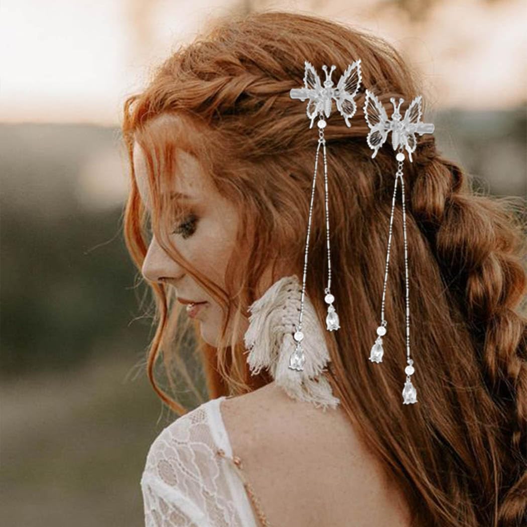 Bartosi Butterfly Clips Hair Silver Hair Barrettes Fluttering Tassel Hair Accessories Set for Women and Girls (Pack of 2) Beauty & Personal Care BARTOSI