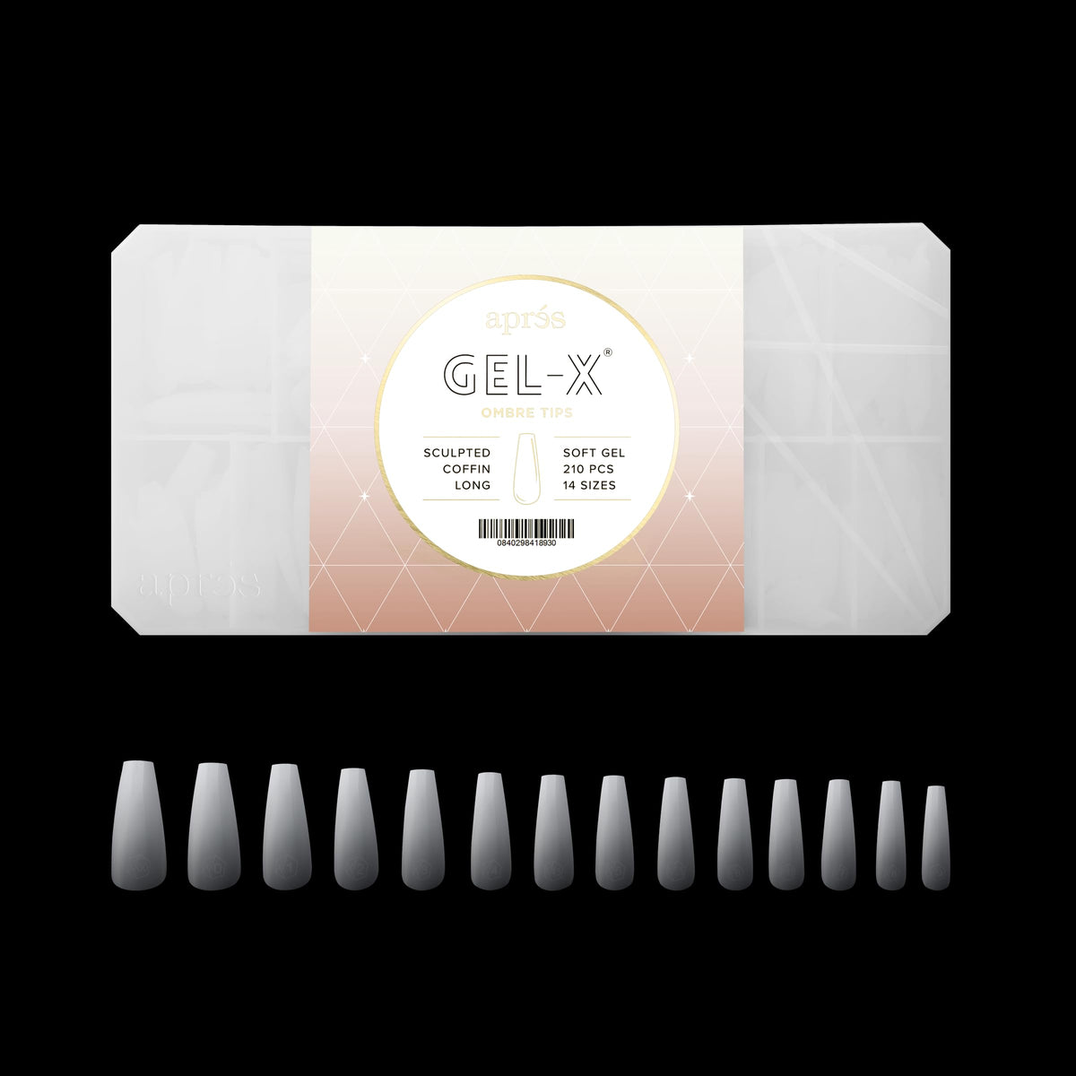Apres Ombre Gel-X® Box of Nail Tips, 14 Sizes 00-9, Premium Quality (Sculpted Coffin Long, 210 Count)