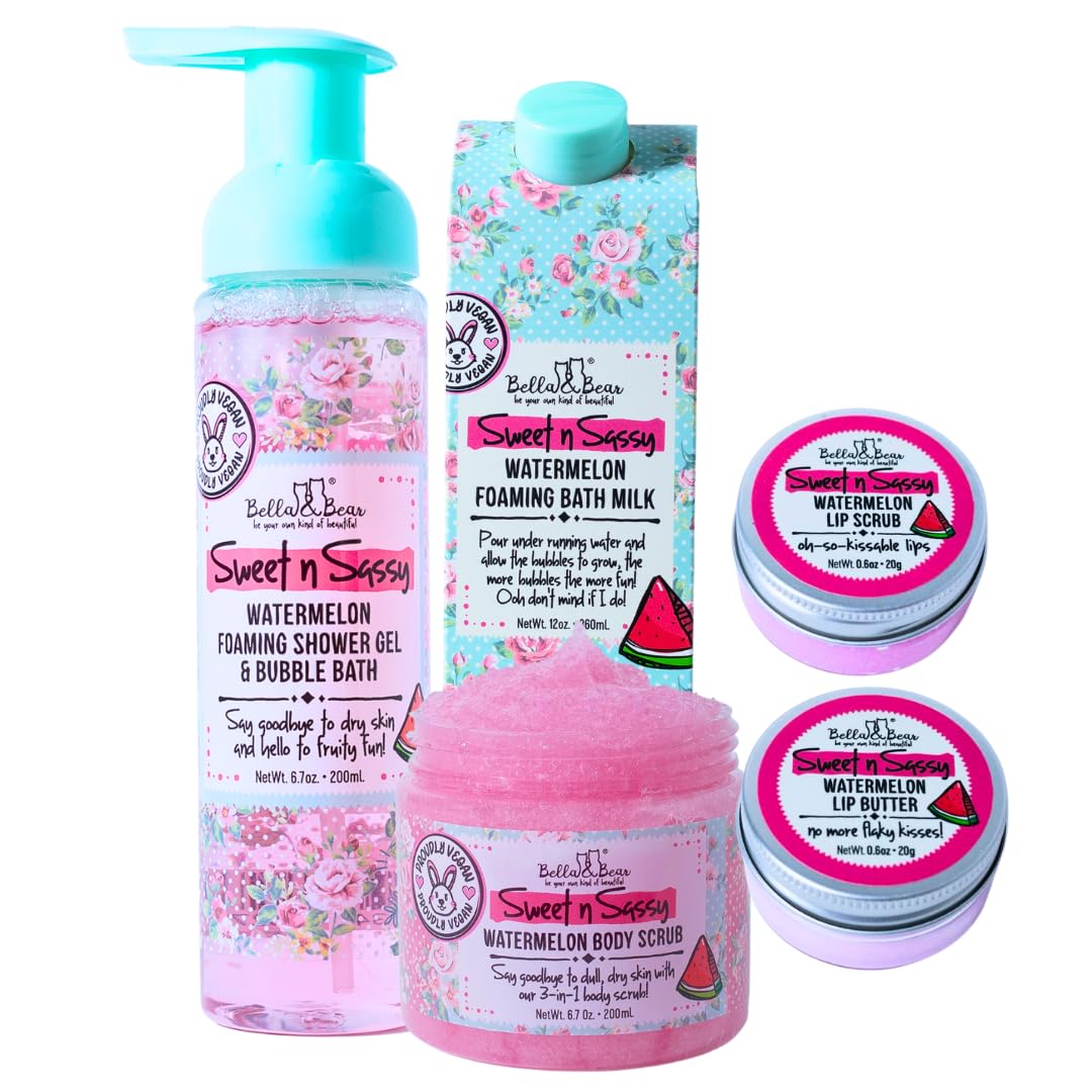 Bella & Bear Sweet 'n' Sassy Watermelon Mega Bath & Body Gift Set with Foaming Shower Gel & Bubble Bath, Bath Milk, Body Scrub & Lip Scrub and Lip Beauty and Personal Care Bella and Bear