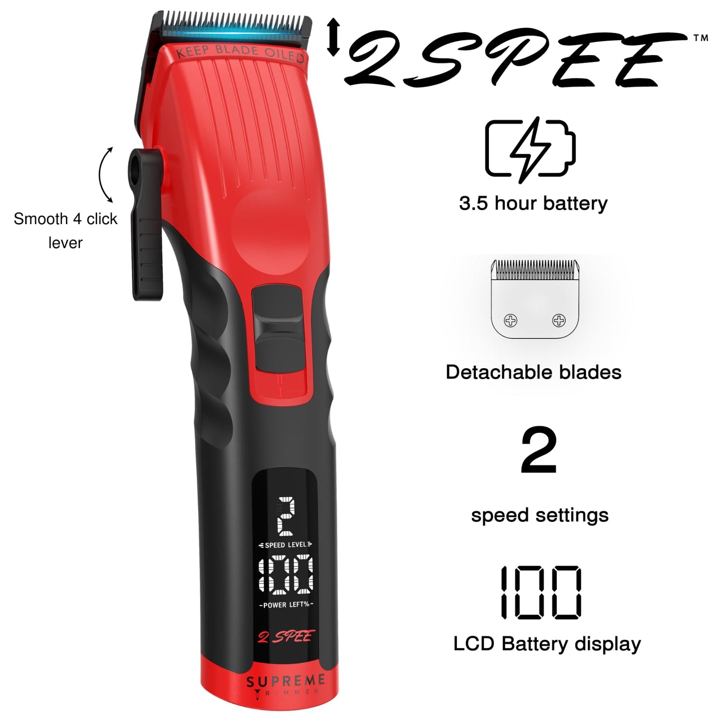 Supreme Trimmer 2Spee STC922 - Professional Cordless Hair Clipper with Removable Blade - 210 Min Runtime, 2-Speed Motor, Digital Display, Smooth Lever Beauty and Personal Care Supreme Trimmer
