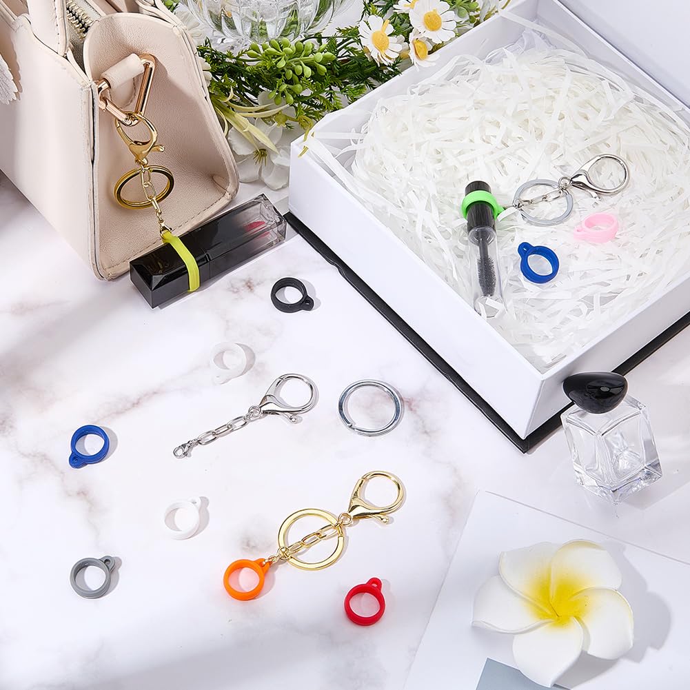 CRASPIRE 14Pcs Lip Balm Holder Key Chains Silicone Rubber Rings Holder Keychain Cap Gold Silver Alloy Lips Gloss Lobster Clasp Portable Elastic Beauty and Personal Care CRASPIRE