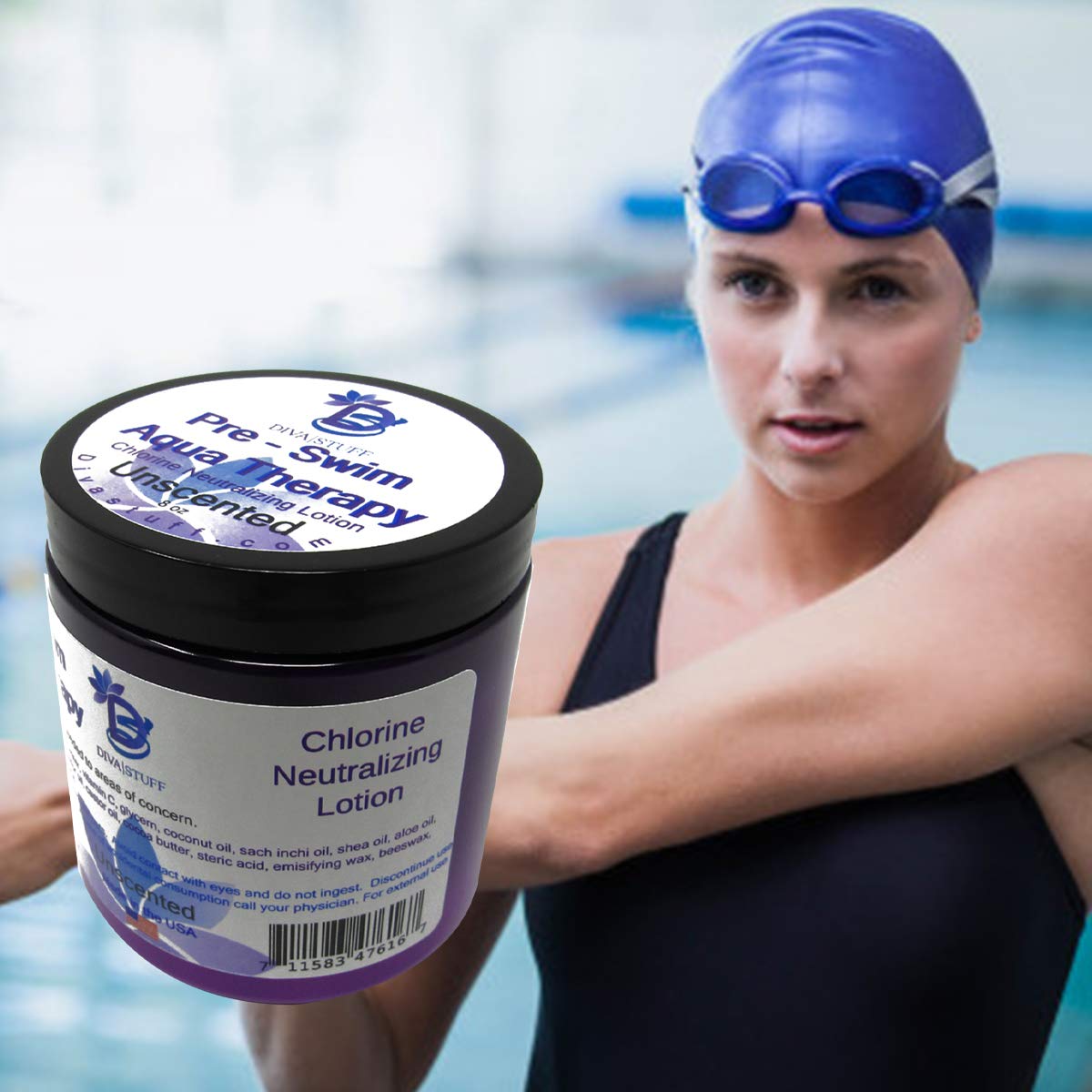 Diva Stuff Pre-Swim Aqua Therapy Chlorine Neutralizing Body Moisturizing Lotion for Swimmers, Protects Skin from Chlorine & Salt Water, 8 oz - Made Beauty & Personal Care Diva Stuff