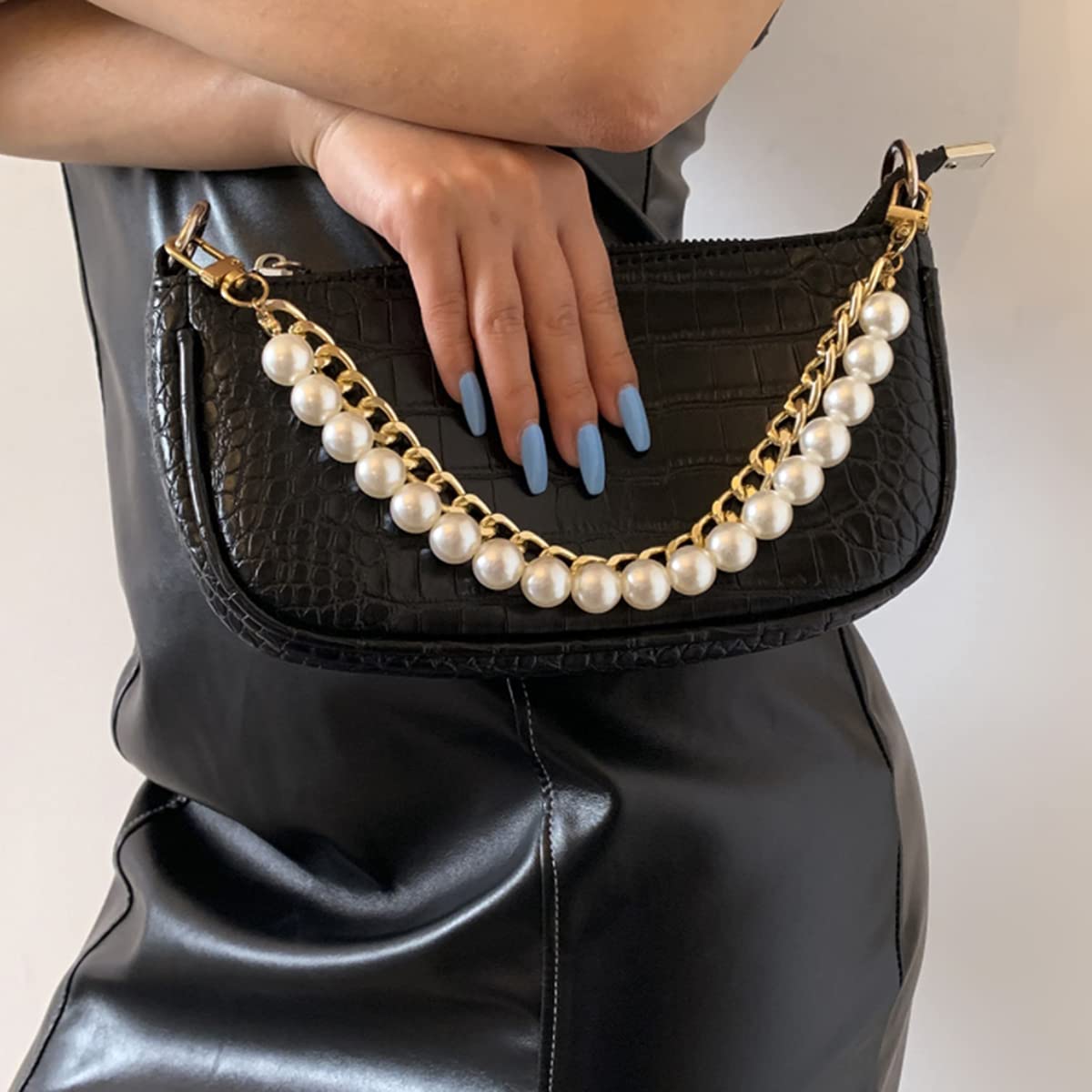 Xerling Short Pearl Bead Purse Handle Chain Heavy Chunky Cuban Handbag Chain Purse Replacement Strap Layered Bag Decoration Accessories Women (Gold) Beauty & Personal Care Xerling