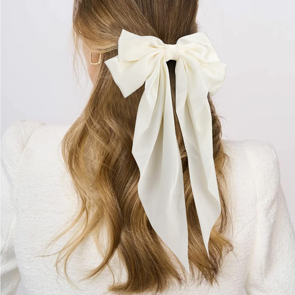 ATODEN Silky Satin Hair Bows 2Pcs Big Hair Bows for Women Hair Ribbons Oversized Long Tail White Hair Bow Black Hair Bow Large Hair Ribbon Barrettes Beauty & Personal Care Atoden