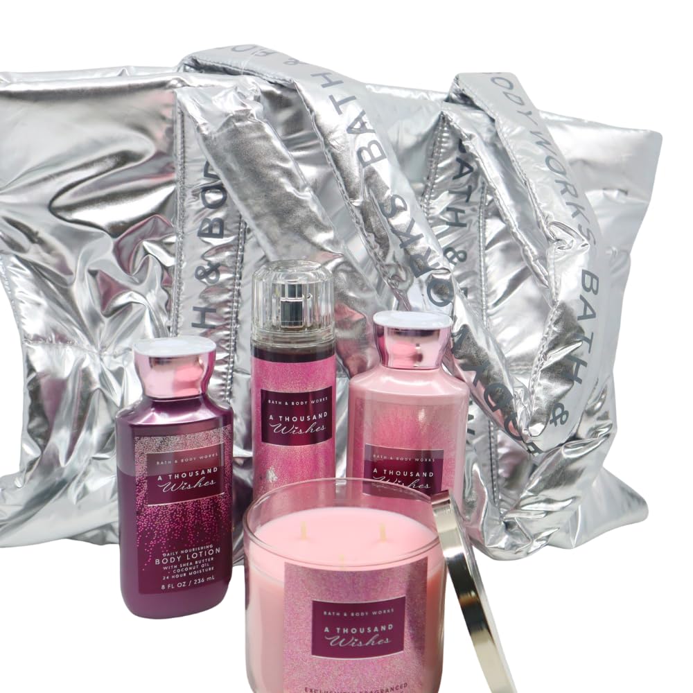 Bath & Body Works A THOUSAND WISHES Deluxe 4pc Gift Set with a Silver Bag - Body Lotion, Body Wash, Fine Fragrance Mist, and 3-wick Candle Beauty and Personal Care Bath & Body Works