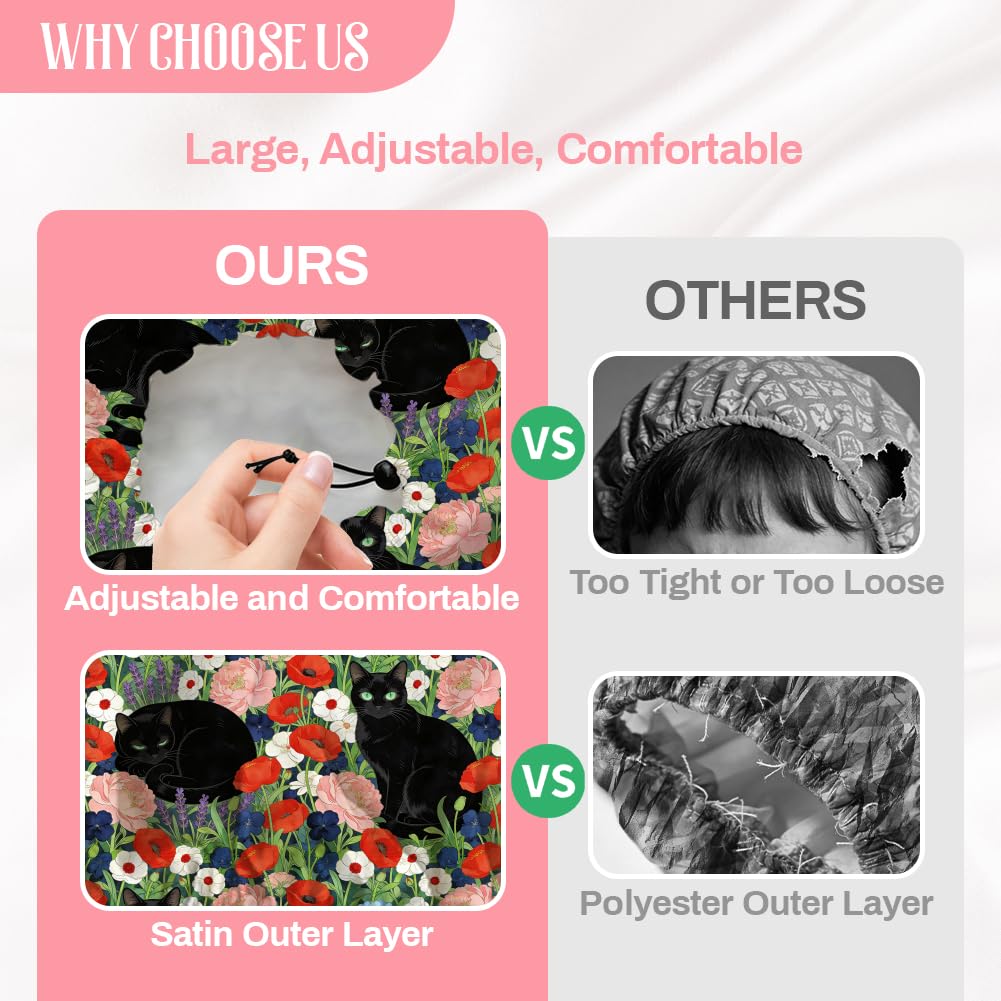 DELORIGIN Black Cat Reusable Shower Cap Flower Double Layer Waterproof Shower Caps Large Elastic Hair Cover Adjustable Hair - Drying Caps for Woman Beauty and Personal Care DELORIGIN