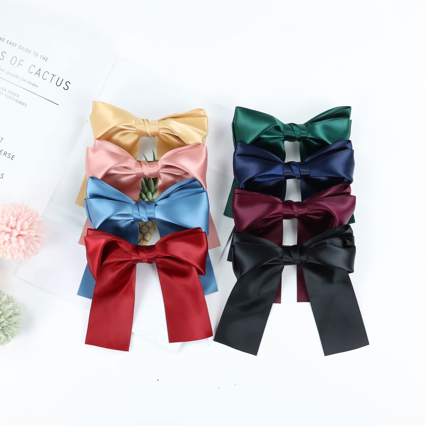Lawie 8 Pack Bowknot Hair Accessories - 6 Inch Long Satin Barrettes, Big Bows for Girls and Women, Pink Red Blue Green Black Christmas Colors Beauty & Personal Care Lawie