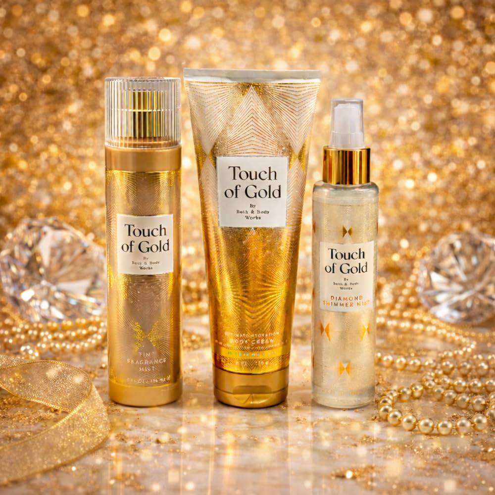 Bath & Body Works TOUCH OF GOLD Full-Size Gift Set - Fine Fragrance Mist, Diamond Shimmer Mist & Ultimate Hydration Body Cream with 40-Inch Gold Beauty and Personal Care Bath & Body Works