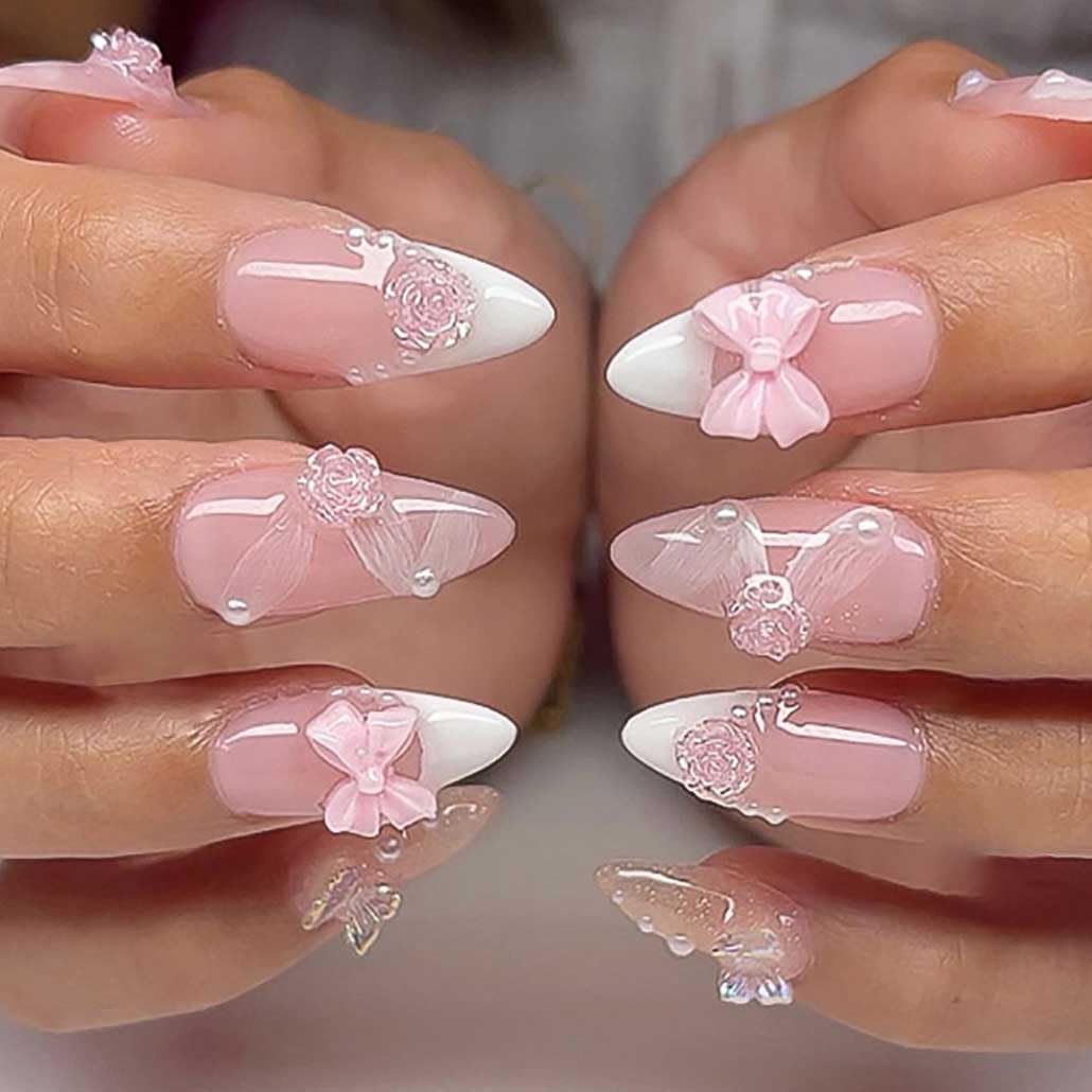 Foccna Press On Nails - Long Rhinestone Pink & Black Square Bling Glossy 3D Flower False Nails - 24pcs (Long Nails 4) Beauty and Personal Care Foccna Default Title