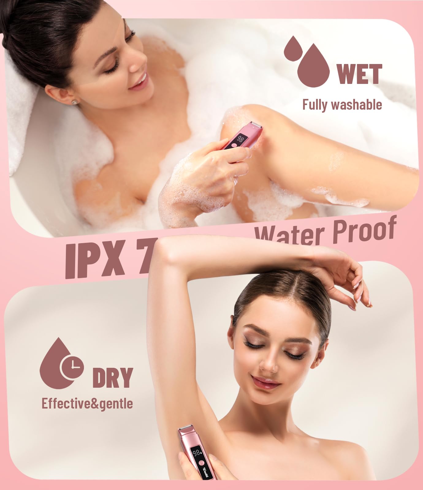 Dual Head Electric Bikini Trimmer for Women: IPX7 Waterproof Lady Shaver with LED Display - Rechargeable Pubic & Body Hair Razor - Rococo Pink Beauty and Personal Care Dynooper