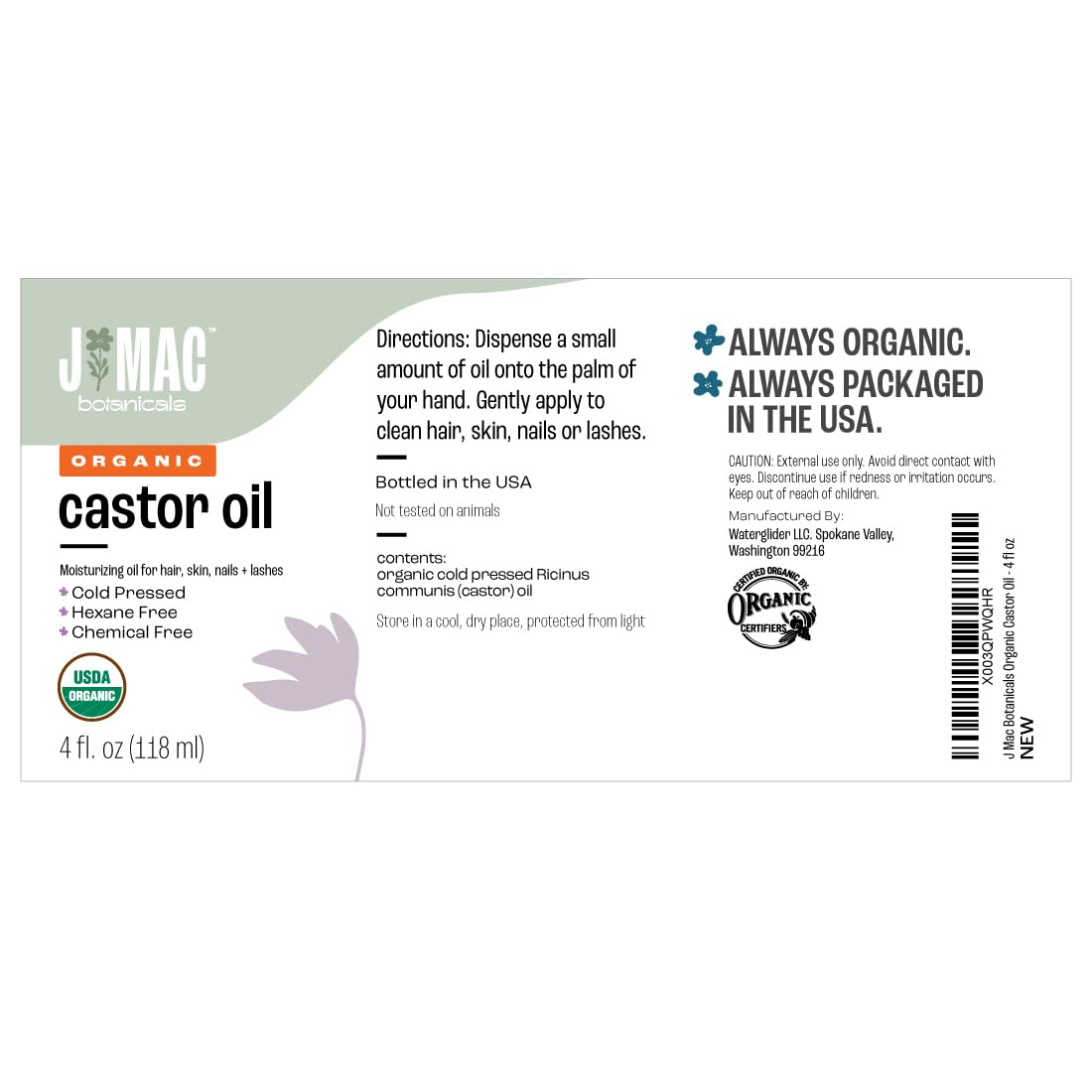 J MAC BOTANICALS Organic Castor Oil Cold Pressed (Glass Bottle, 4 oz, NO DROPPER), pure hexane free castor oil for face, skin, eyelashes Beauty & Personal Care J MAC BOTANICALS