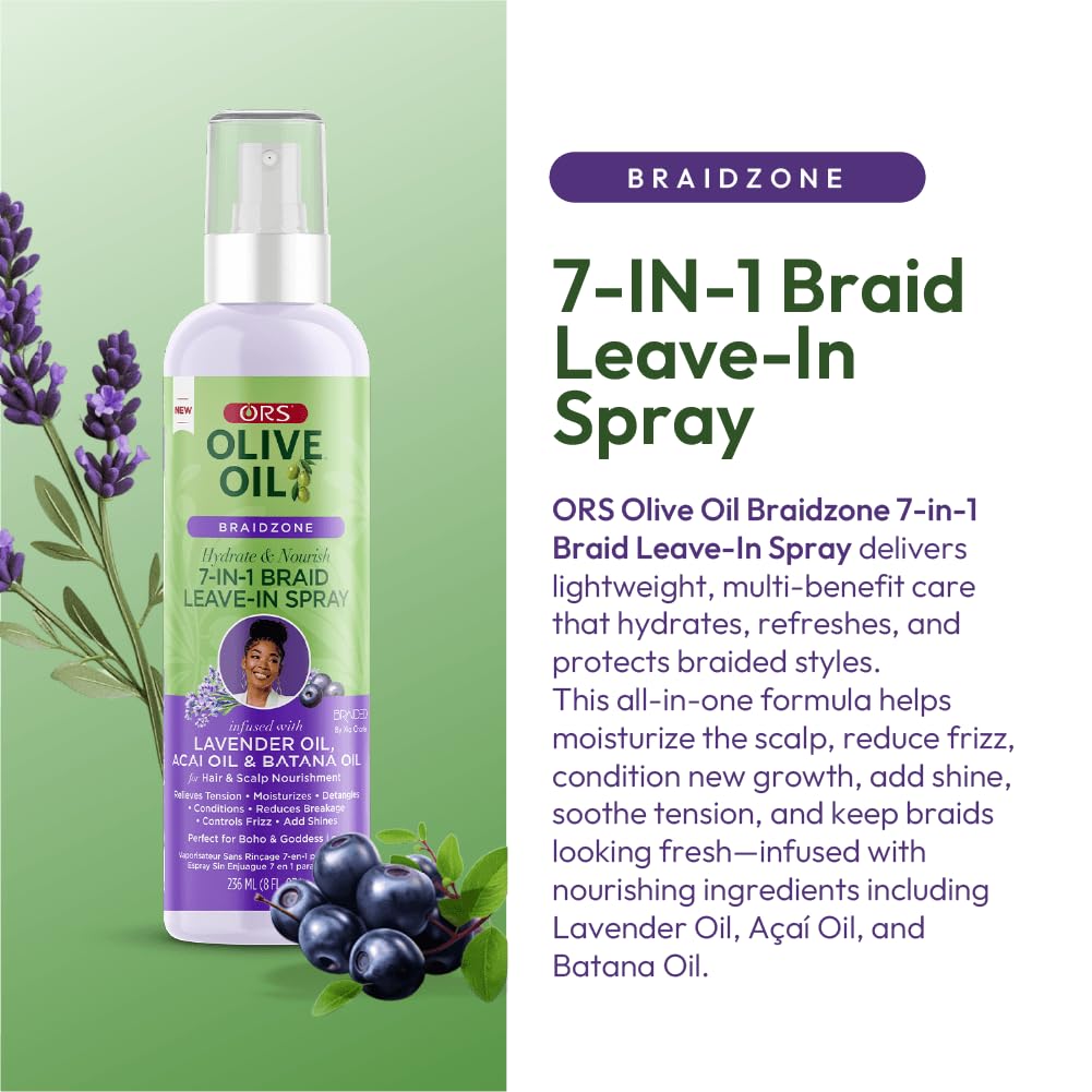 ORS Olive Oil Braidzone 7-In-1 Braid Leave-In Spray with Lavender, Acai & Batana Oil for Hair & Scalp Nourishment 8 Ounces Beauty & Personal Care ORS