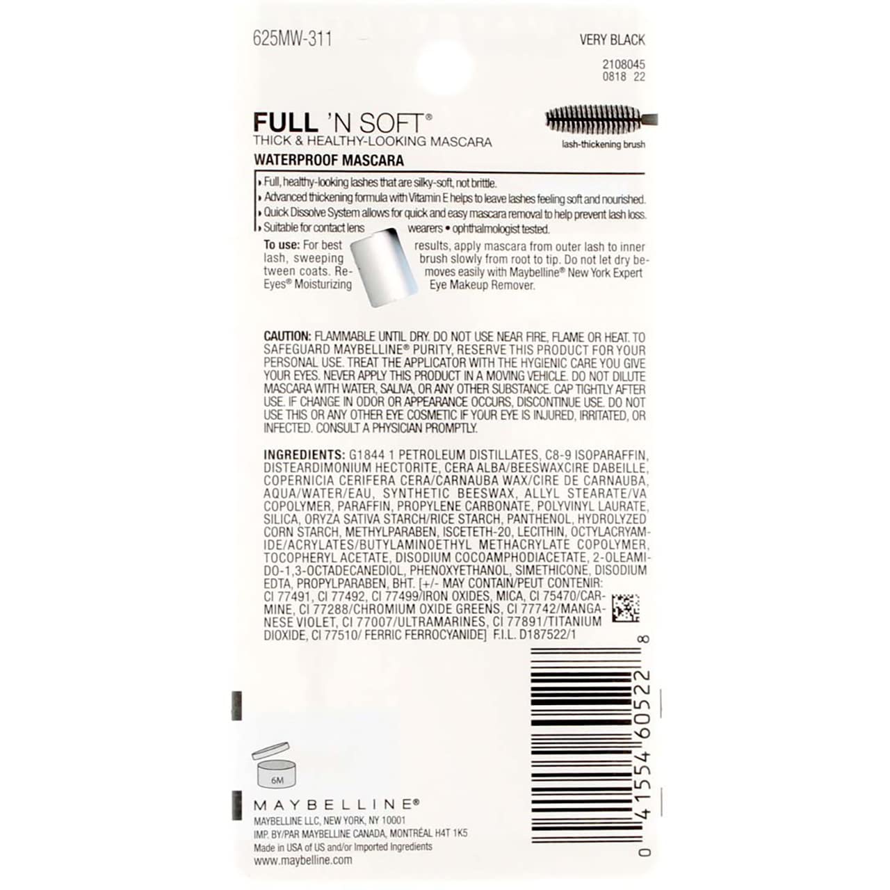 Maybelline Full 'N Soft Waterproof Mascara, Very Black [311], 0.28 oz (Pack of 2) Beauty & Personal Care MAYBELLINE