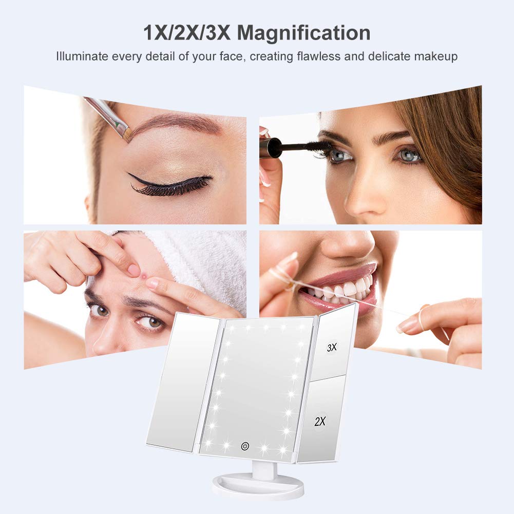 WEILY Makeup Mirror with 21 LED Lights,Two Power Supply Modes, Adjustable Touch Screen and 1x/2x/3x Magnification Tri-Fold Vanity Mirror,Chargeable Beauty & Personal Care WEILY