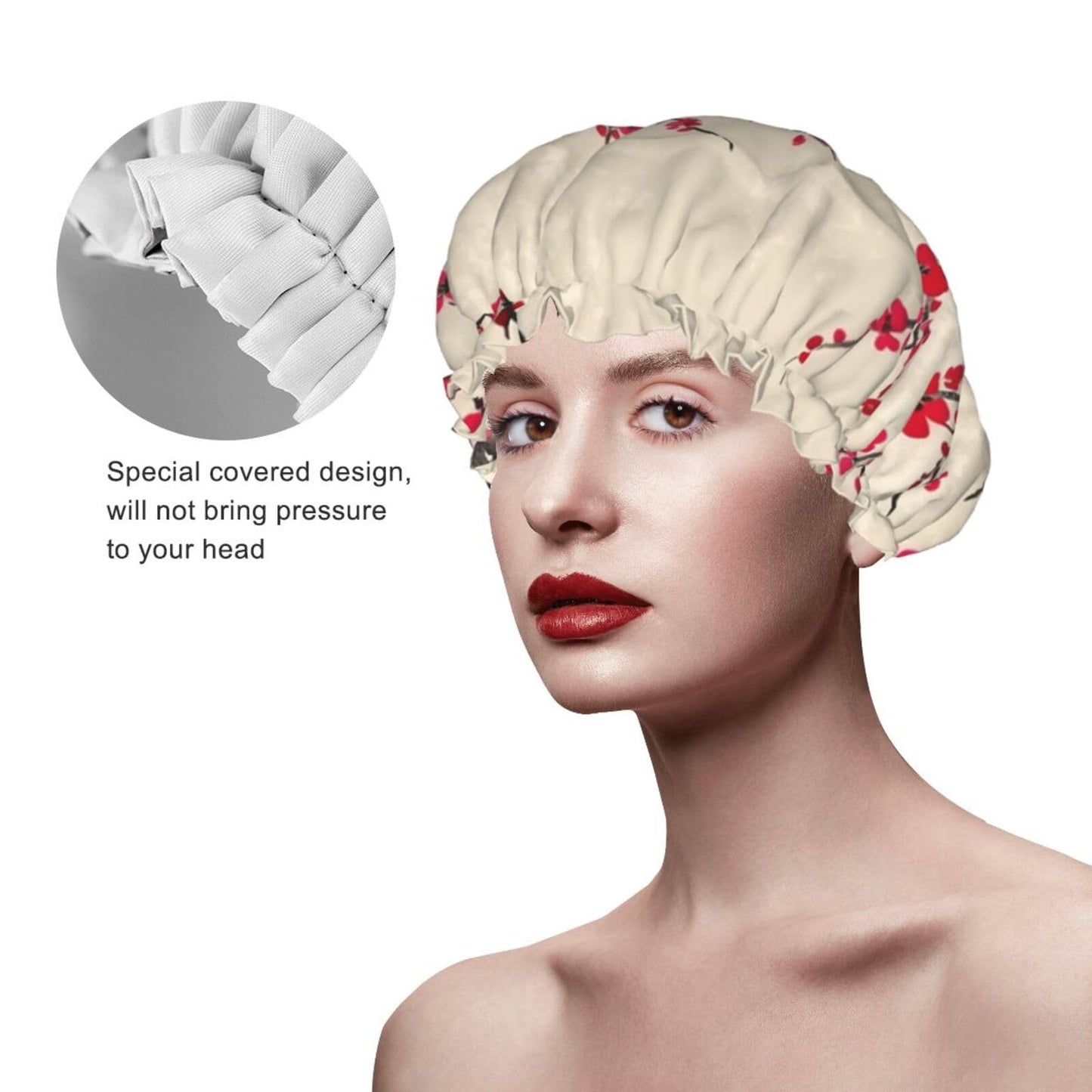Japanese Floral Cherry Blossom Shower Cap for Women Men Large Reusable Shower Bonnet Double-Layer Waterproof Bath Caps Elastic Band Hair Hat for All Beauty and Personal Care BWLHJKE
