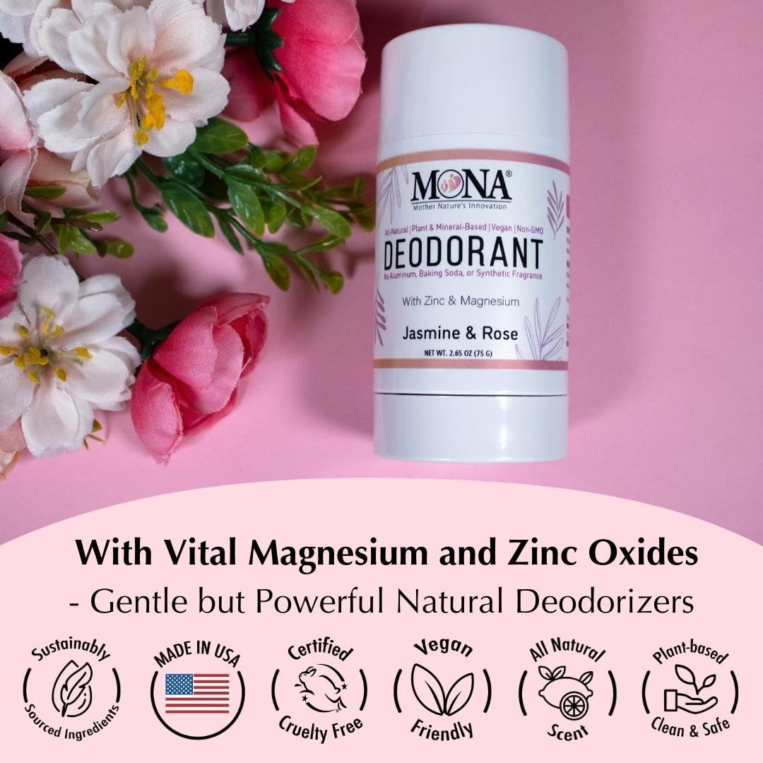 MONA BRANDS All Natural Magnesium Deodorant for Women & Men - Aluminum, Baking Soda, & Synthetic Fragrance Free for Sensitive Skin (Jasmine Rose) Beauty and Personal Care MONA