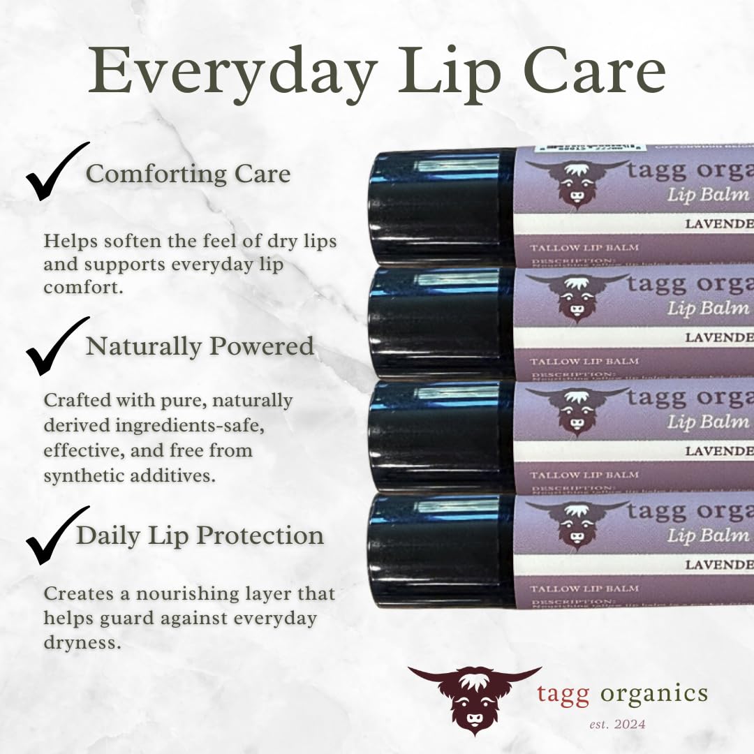 Lavender Tallow Lip Balm - Moisturizing Lip Care with Grass-Fed Tallow, Natural Beeswax & Essential Oils, 4 Pack (.15 oz) Beauty and Personal Care TAGG ORGANICS