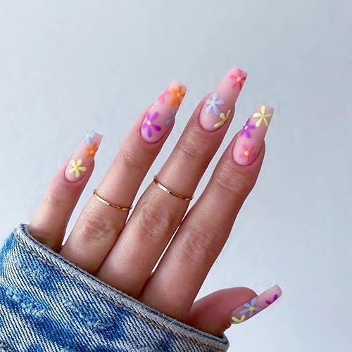 BABALAL Matte Press on Nails Long Coffin Fake Nails Pink Glue on Cute Acrylic False Nails with Flower Design for Women and Girls Beauty & Personal Care BABALAL