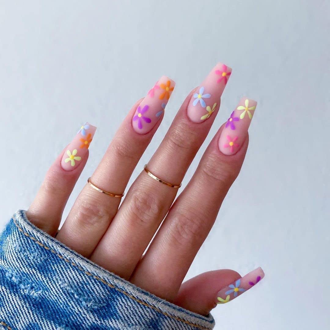 BABALAL Matte Press on Nails Long Coffin Fake Nails Pink Glue on Cute Acrylic False Nails with Flower Design for Women and Girls Beauty & Personal Care BABALAL