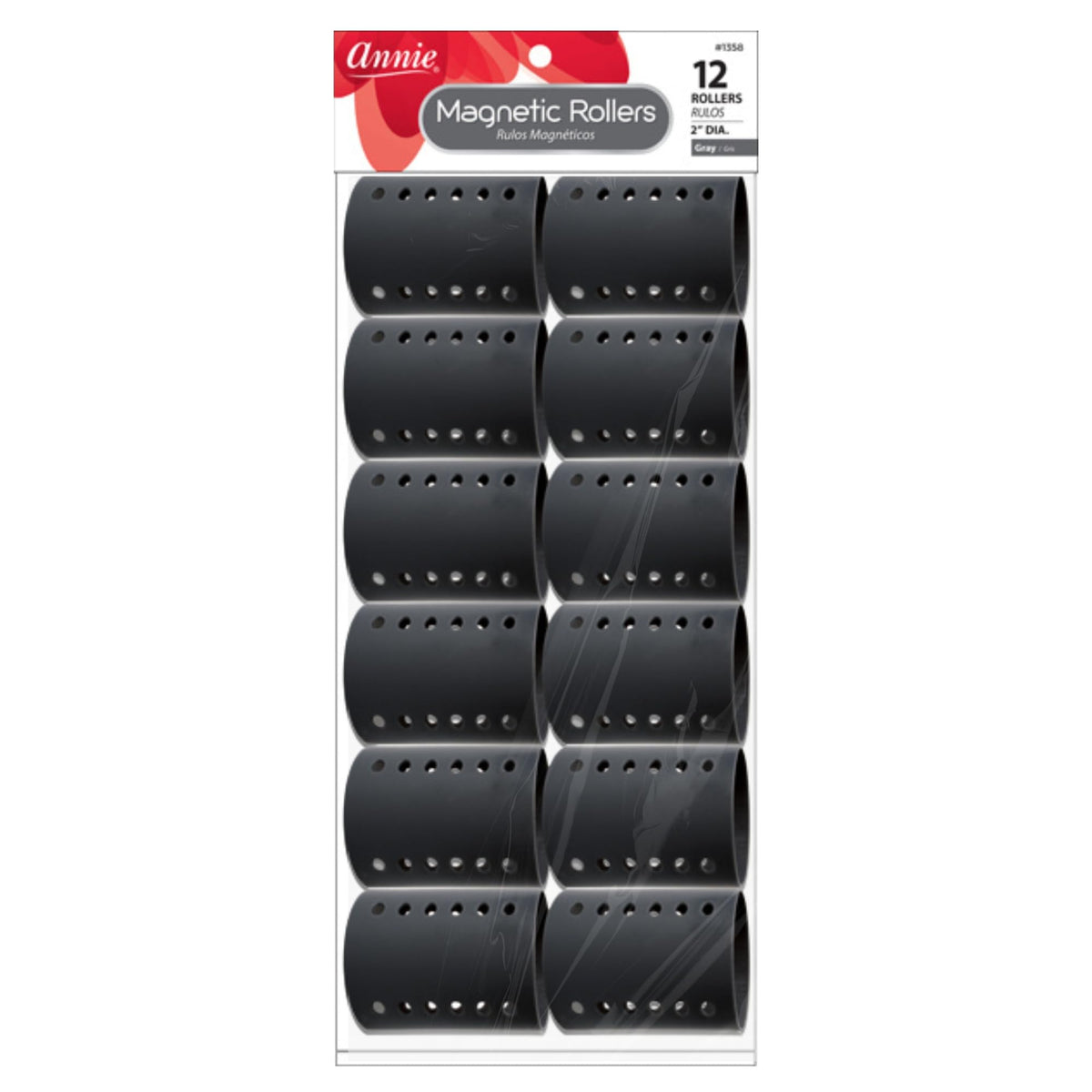 Annie Magnetic Hair Rollers 2 Inch, 12 Count Gray Curlers for Smooth Curls & Waves, Easy Dry or Damp Sets, Secure Comfortable Fit, Use with Pins/Clips