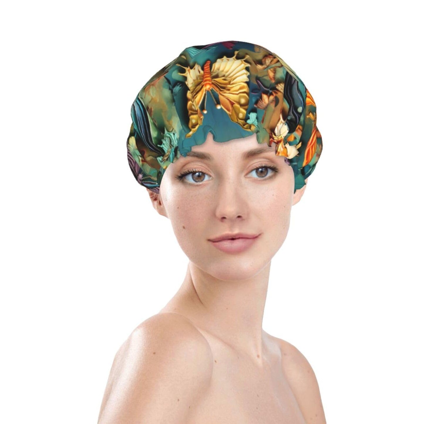 Colorful Butterfly Embroidery Paintings Shower Cap For Women Reusable Double Layers Bathing Bath Cap Hair Caps Waterproof Elastic Band Ladies Spa Beauty and Personal Care GDSHJKLW
