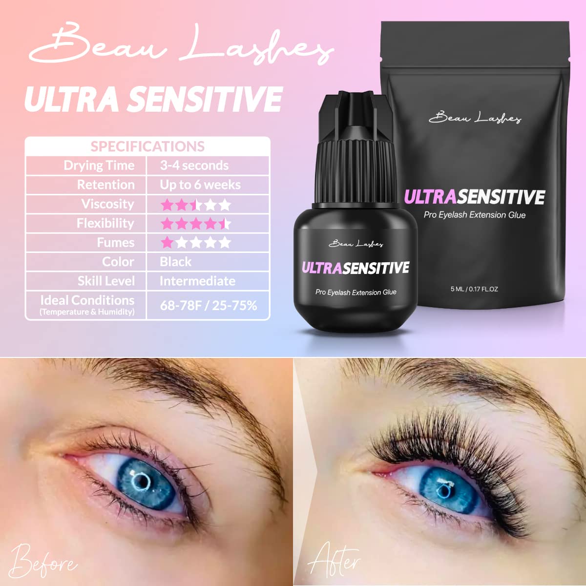 Sensitive Eyelash Extension Glue for Professionals | Low Humidity Strong Black Lash Adhesive for Long Lasting Semi Permanent Individual Lash Beauty & Personal Care BEAU LASHES