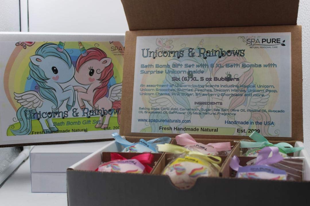 SPAPURE Unicorns and Rainbows - Bath Bomb Gift Set with 6 XL Unicorn bath bombs with surprise unicorns inside, USA Made, Handmade, Natural Bath Bombs Beauty and Personal Care Spa Pure