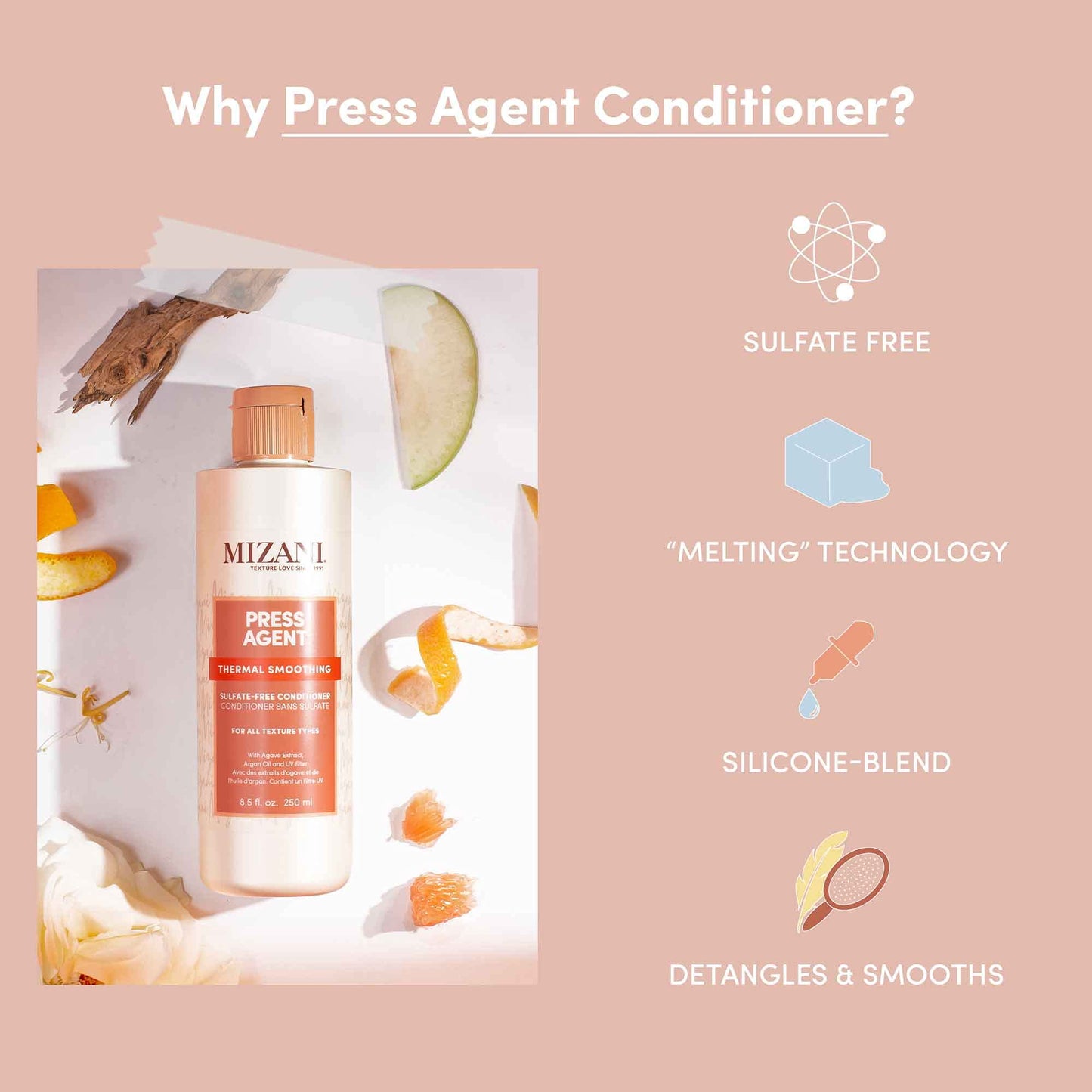 Mizani Press Agent Thermal Smoothing Sulfate-Free Conditioner, Pink Grapefruit, juicy Mandarin with a floral medley of Jasmine, Rose & Freesia, ending Beauty & Personal Care Mizani