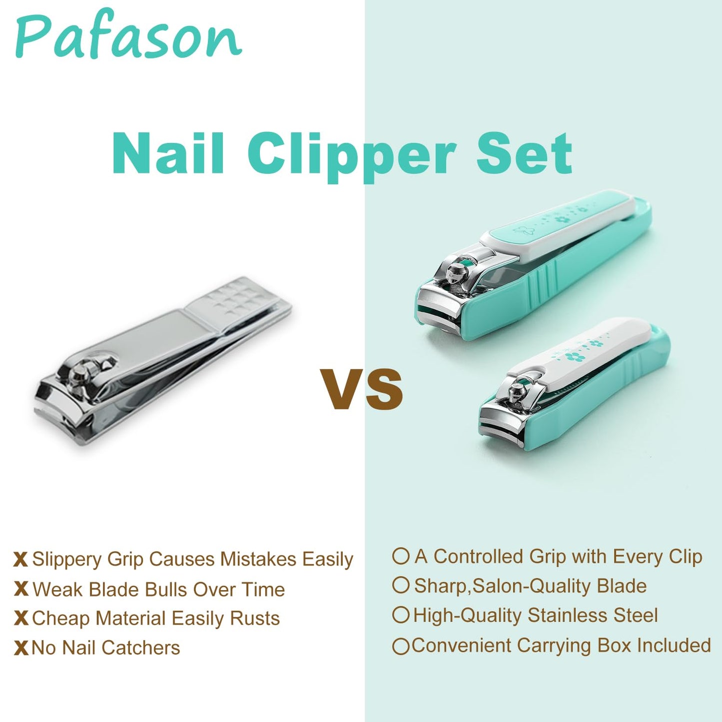 PAFASON Ultra Sharp Nail Clipper Set, 2 Pack Fingernail and Toenail Trimmer Cutter, Stainless Steel, Curved Blade, Sturdy, Nail Catcher, Nail Files Beauty & Personal Care Pafason